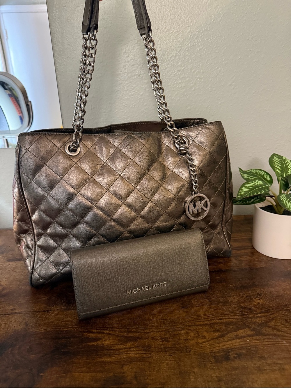 Michael Kors Susannah Metallic Quilted Tote & Matching Wallet Set